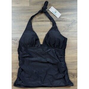 New NWT Beachsissi Black Tie Back Halter Ruched Sides Swim Top Size Large